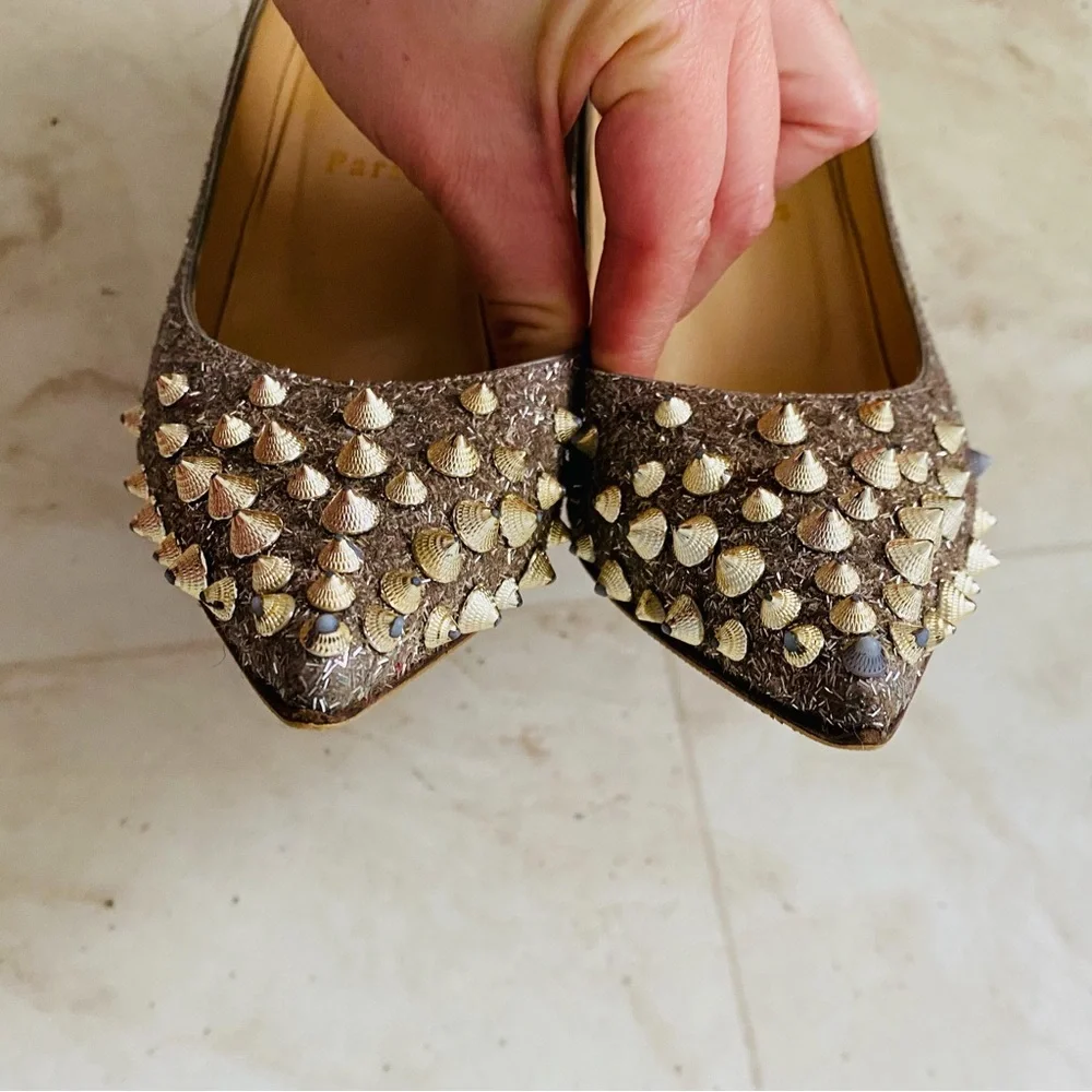 Christian Louboutin Silver Glitter Gold Spikes Pointed Toe Pumps Heels 7.5/37.5